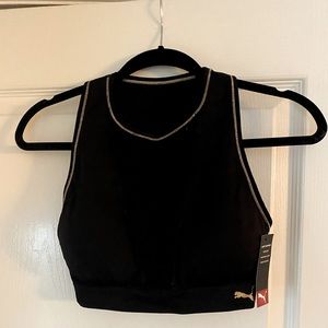 Puma sports bra mesh gold detail Sz L Light support removable cups mesh detail.